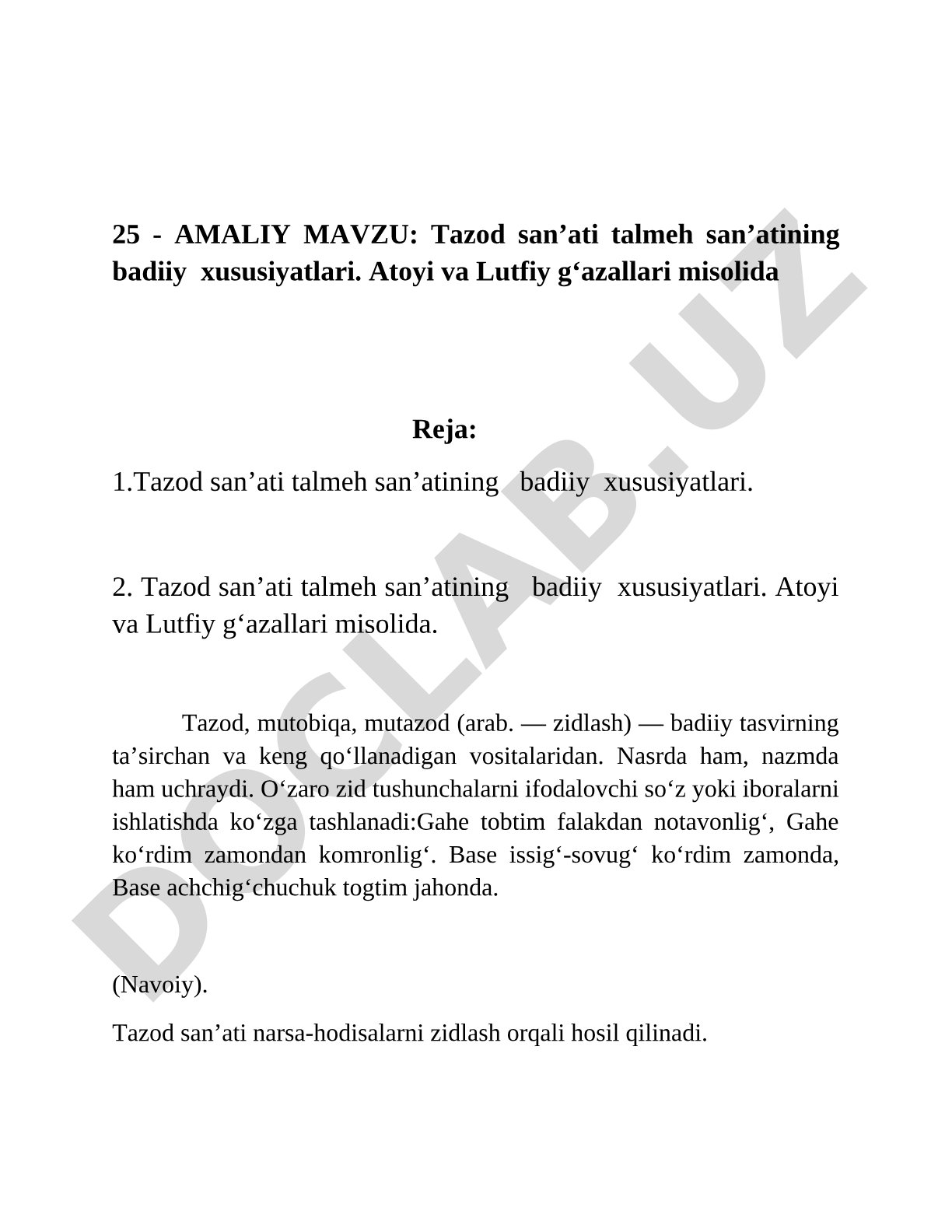 Tazod san'ati talmeh san'atining badiiy xususiyatlari. Atoyi va Lutfiy g'azallari misolida