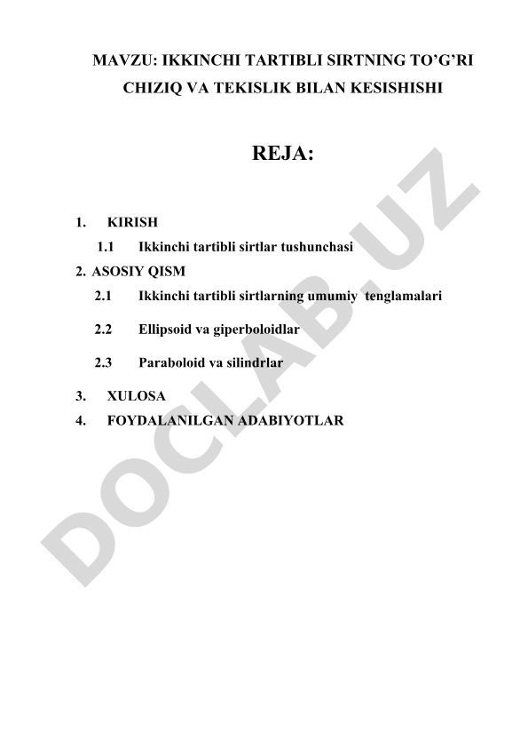 Ikkinchi tartibli sirtning to'g'ri chiziq va tekislik bilan kesishishi