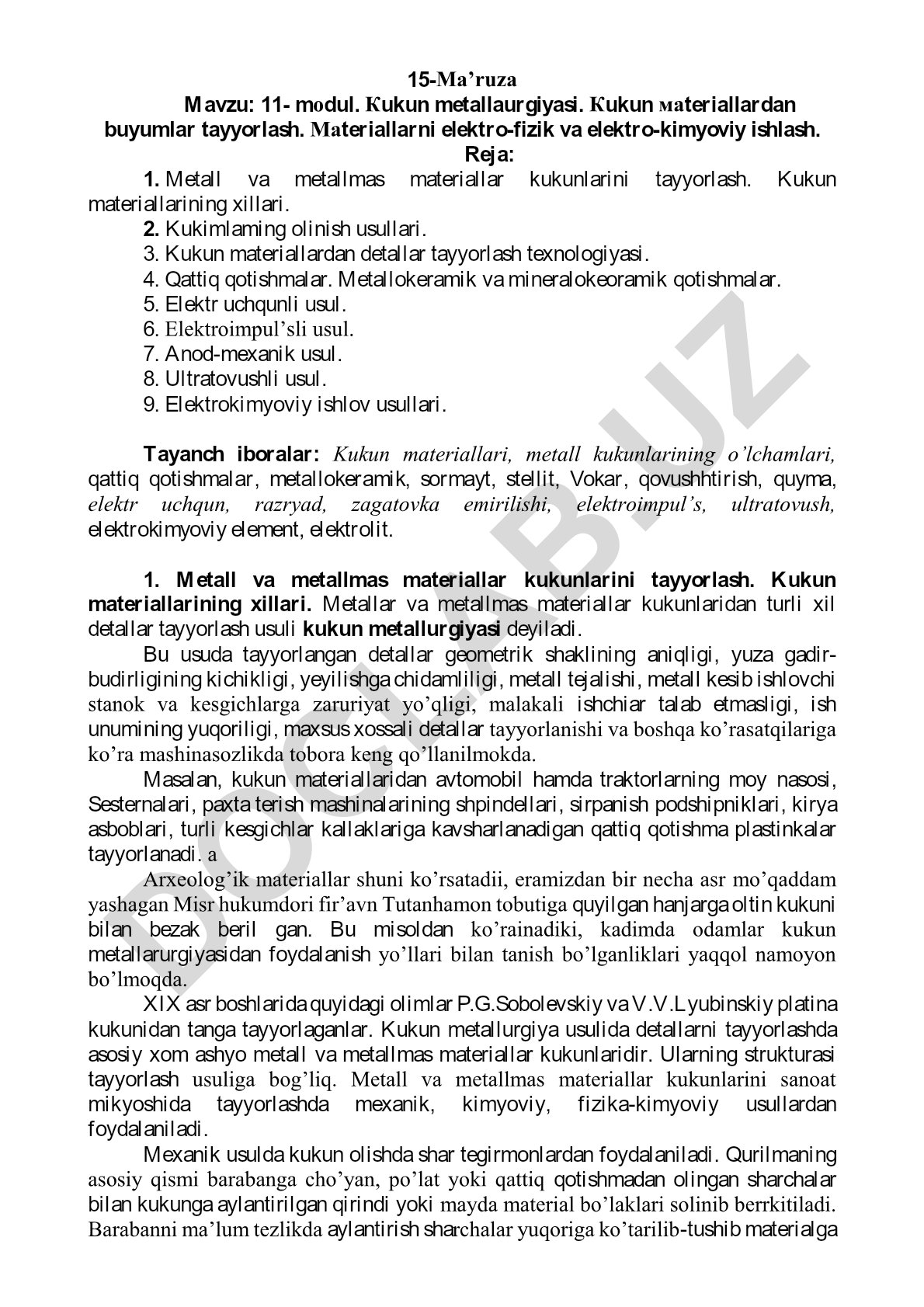 11-modul. Kukun metallaurgiyasi va kukun materiallardan buyumlar tayyorlash