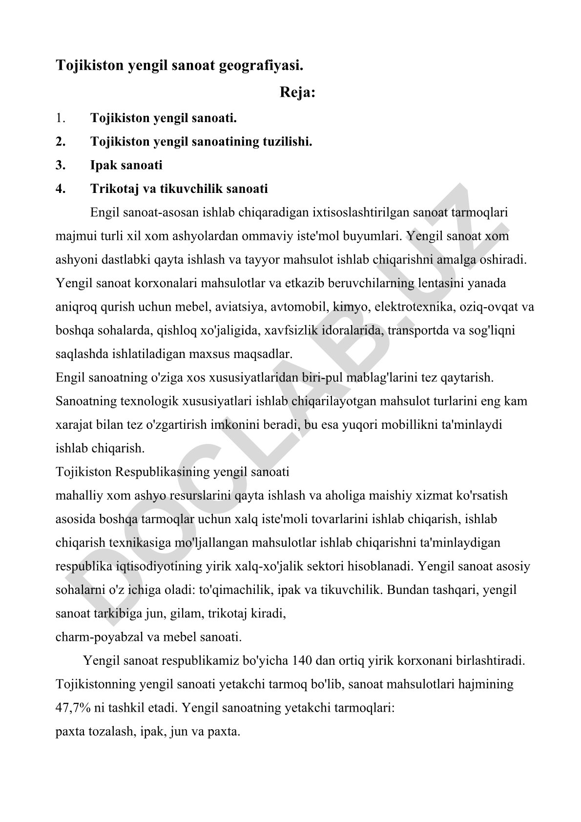 Tojikiston yengil sanoat geografiyasi