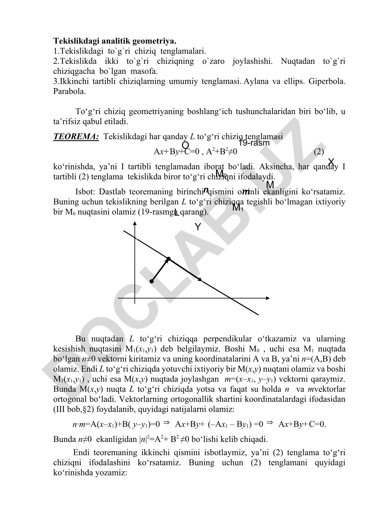 Tekislikdagi analitik geometriya va ikkinchi tartibli chiziqlar