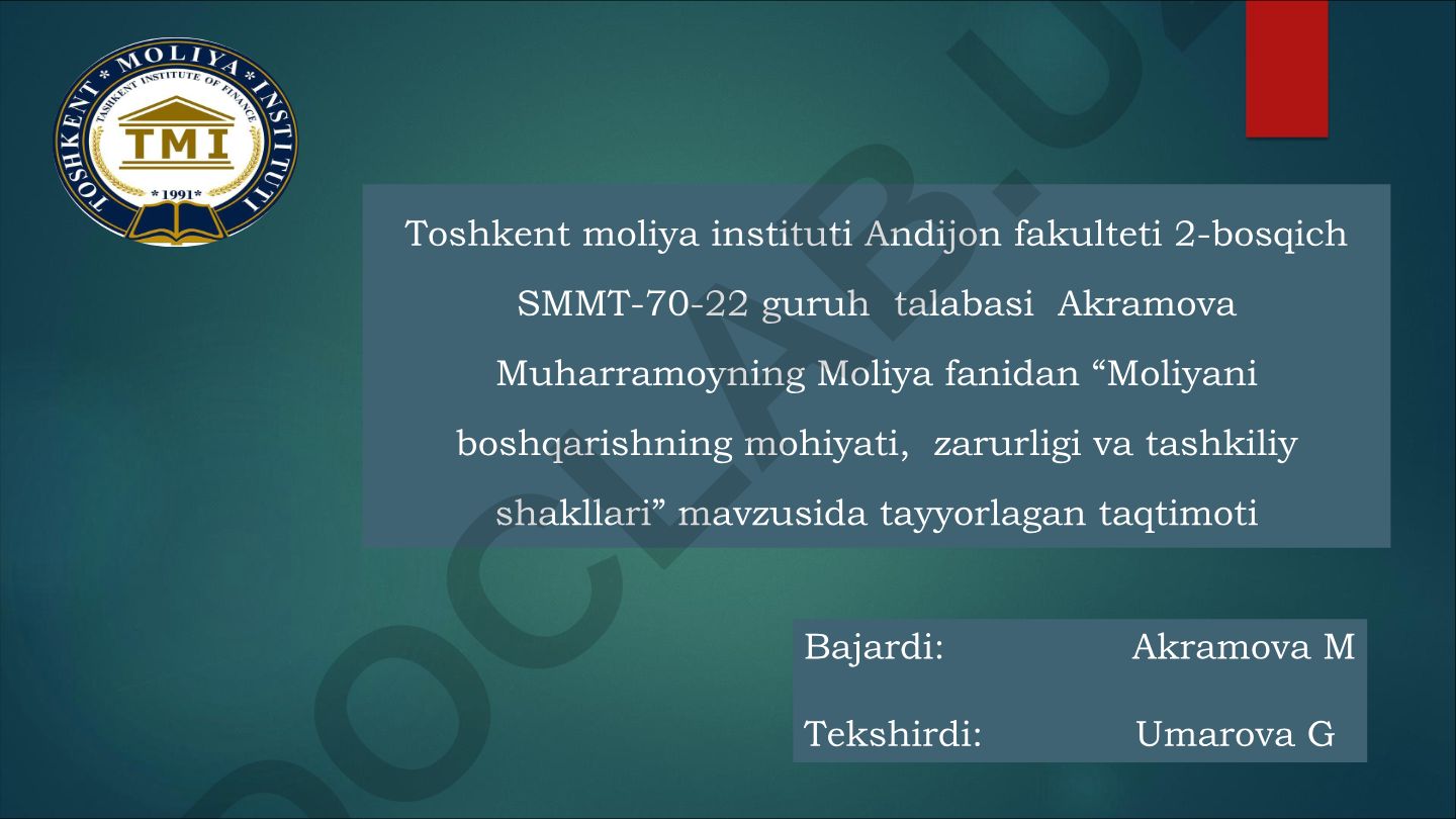 Moliyani boshqarishning mohiyati, zarurligi va tashkiliy shakllari
