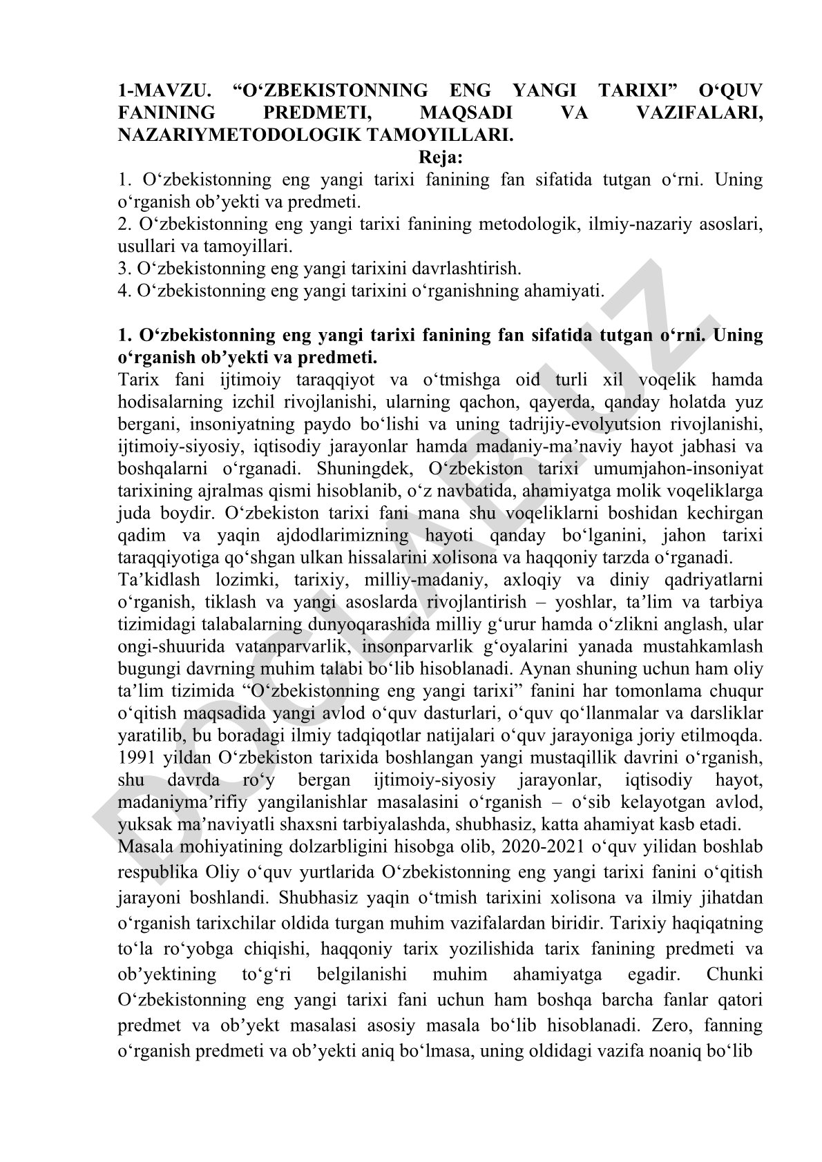 O‘zbekistonning eng yangi tarixi fanining predmeti, maqsadi va vazifalari