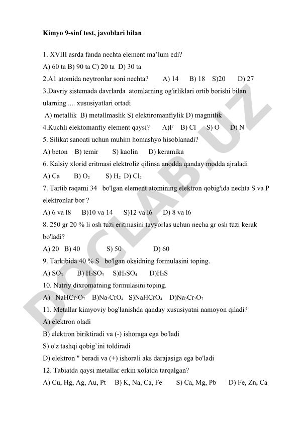 9-sinf kimyo fanidan test savollari va javoblari