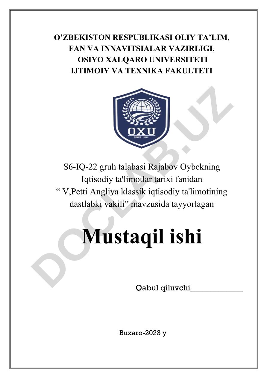 V.Petti Angliya klassik iqtisodiy ta'limotining dastlabki vakili