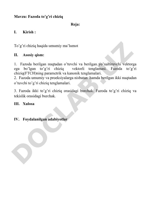 Fazoda to'g'ri chiziq