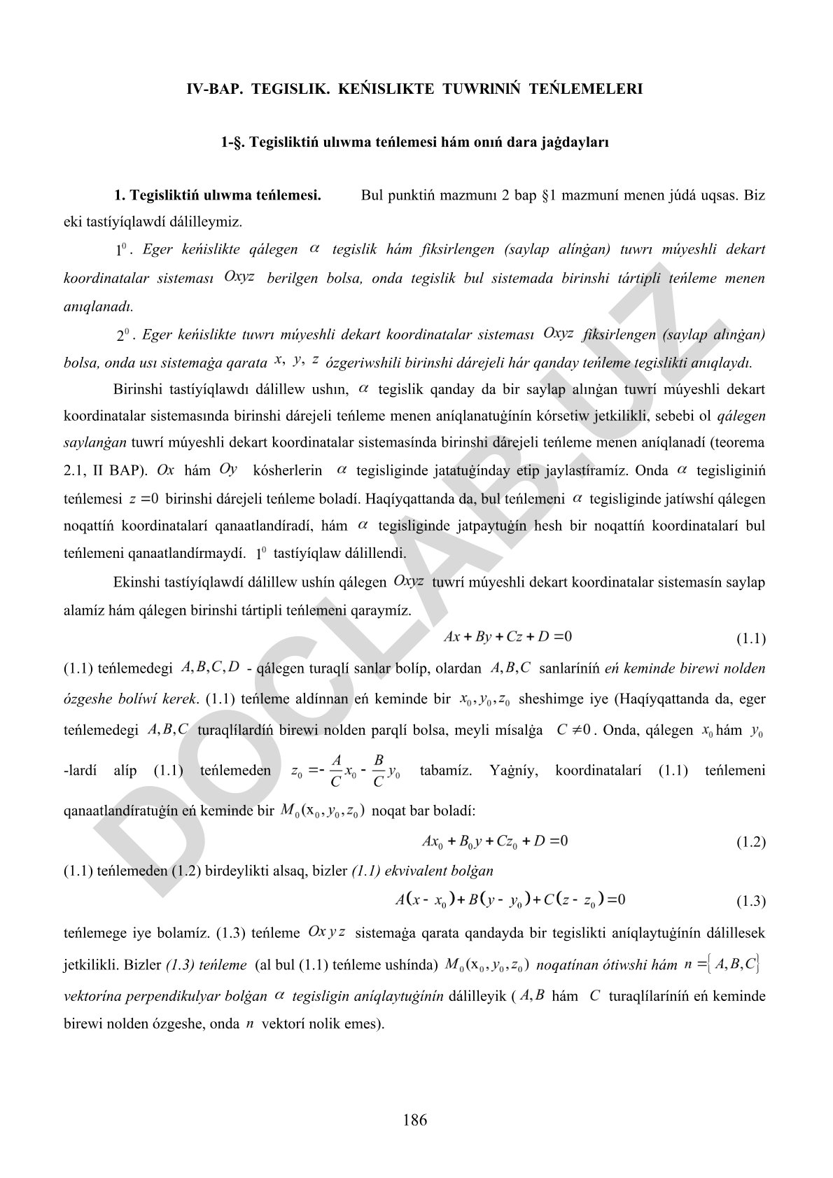 Tegislikte tuwrı teńlemeleri