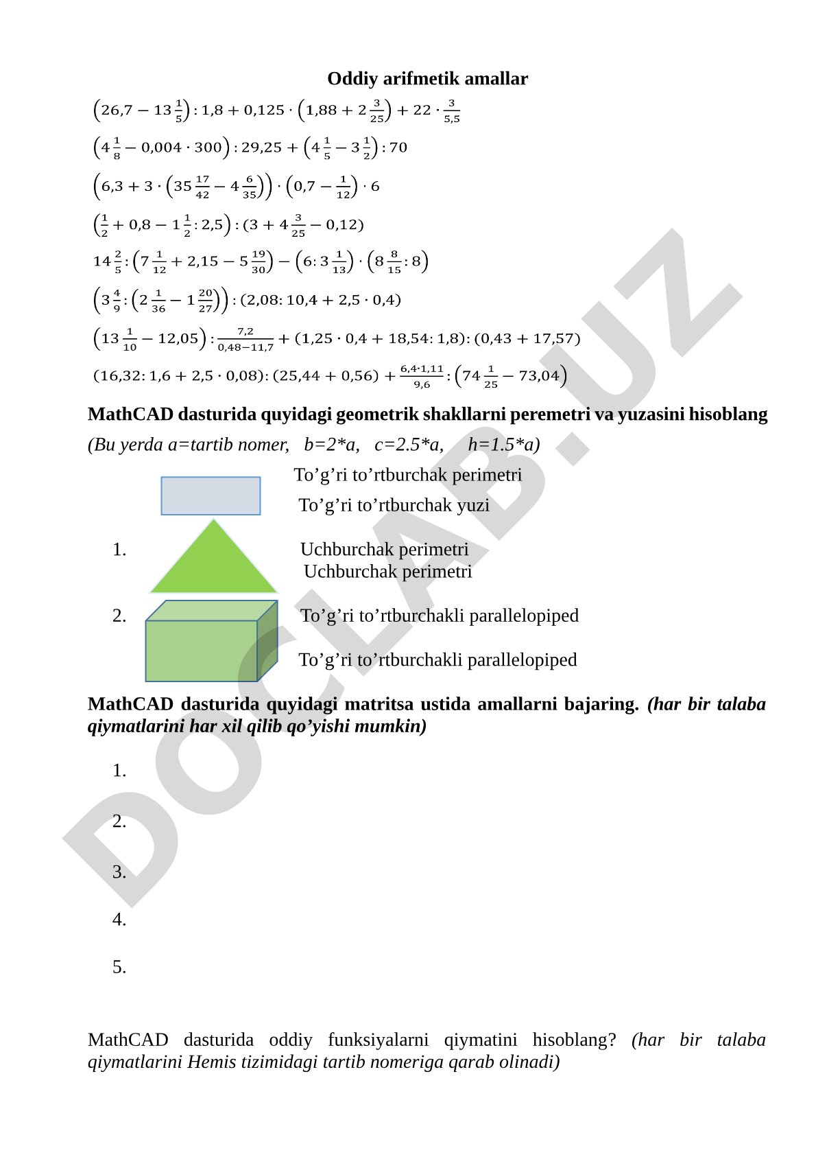 MathCAD dasturida geometrik shakllar va funksiyalar