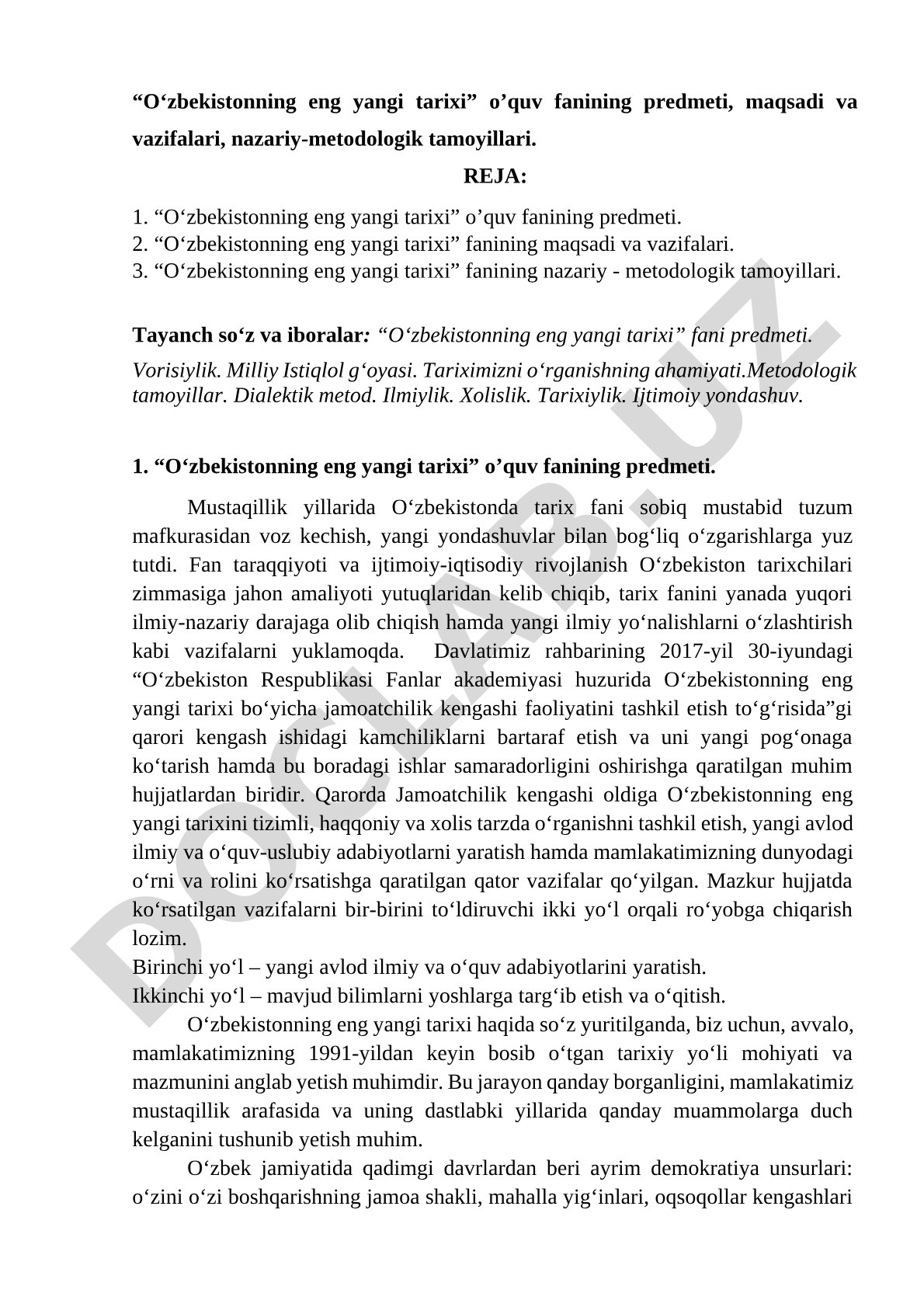 O‘zbekistonning eng yangi tarixi o‘quv fanining predmeti, maqsadi va vazifalari