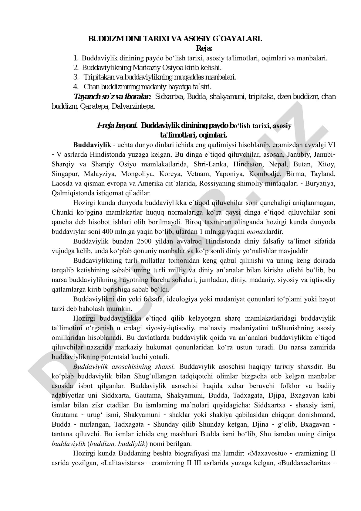 Buddizm dini tarixi va asosiy g'oyalari