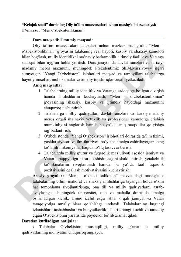 Men o‘zbekistonlikman mavzusida mashg‘ulot ssenariysi