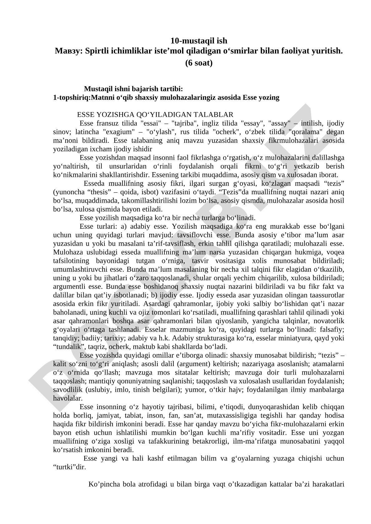 Spirtli ichimliklar iste’mol qiladigan o‘smirlar bilan faoliyat yuritish