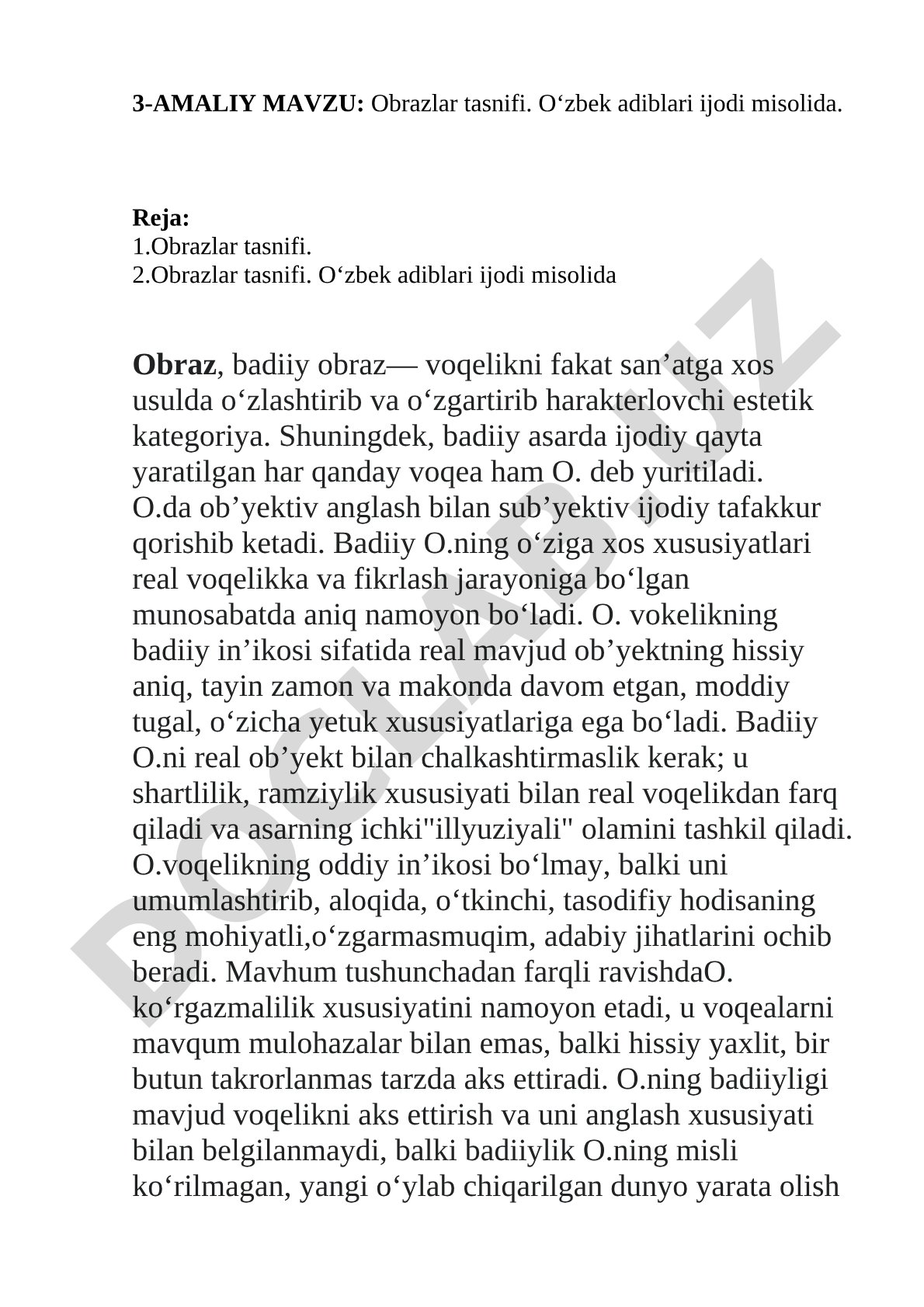 Obrazlar tasnifi. O‘zbek adiblari ijodi misolida