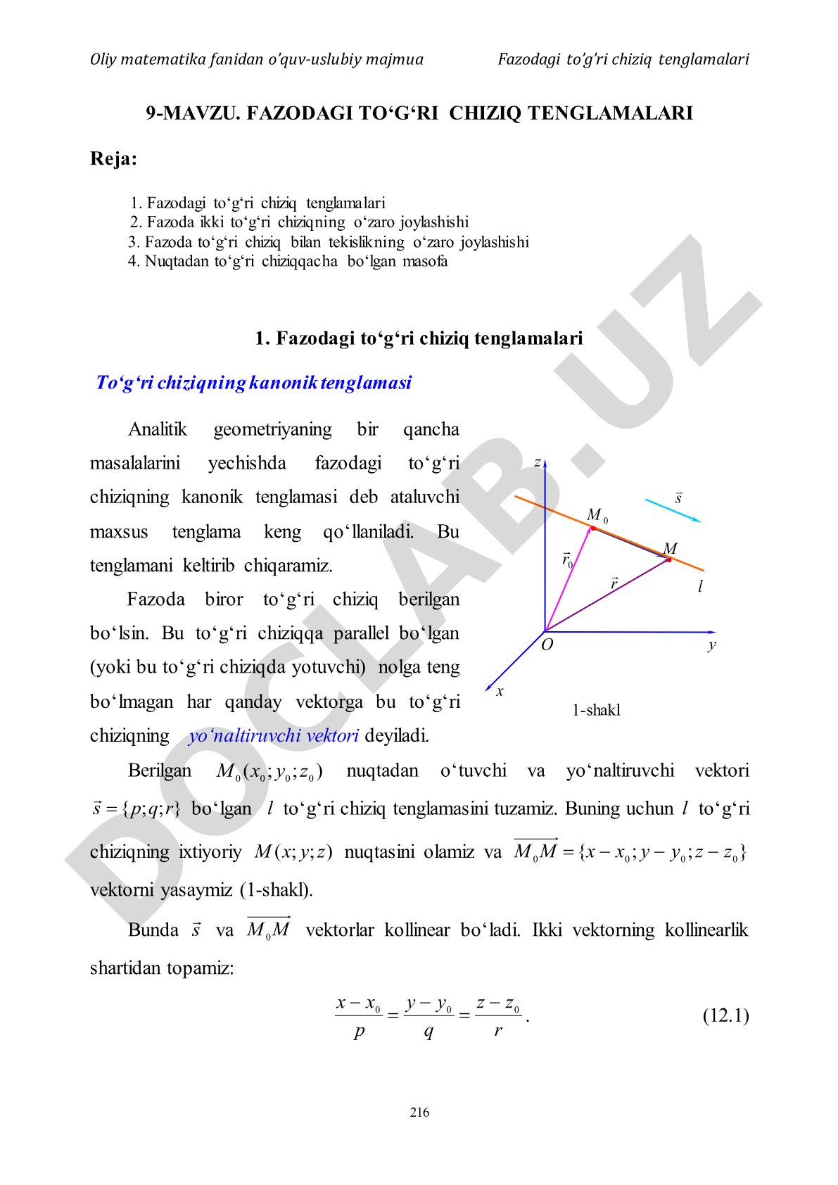 Fazodagi to'g'ri chiziq tenglamalari