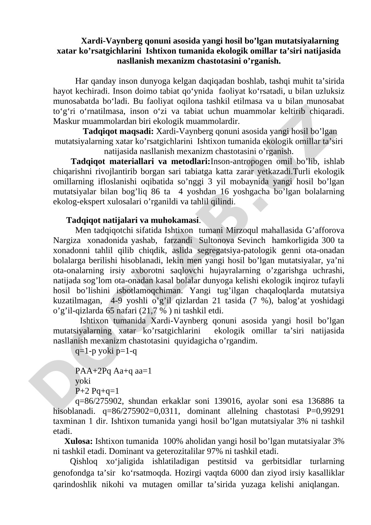 Xardi-Vaynberg qonuni asosida Ishtixon tumanida ekologik omillar ta'sirida mutatsiyalar chastotasini o'rganish