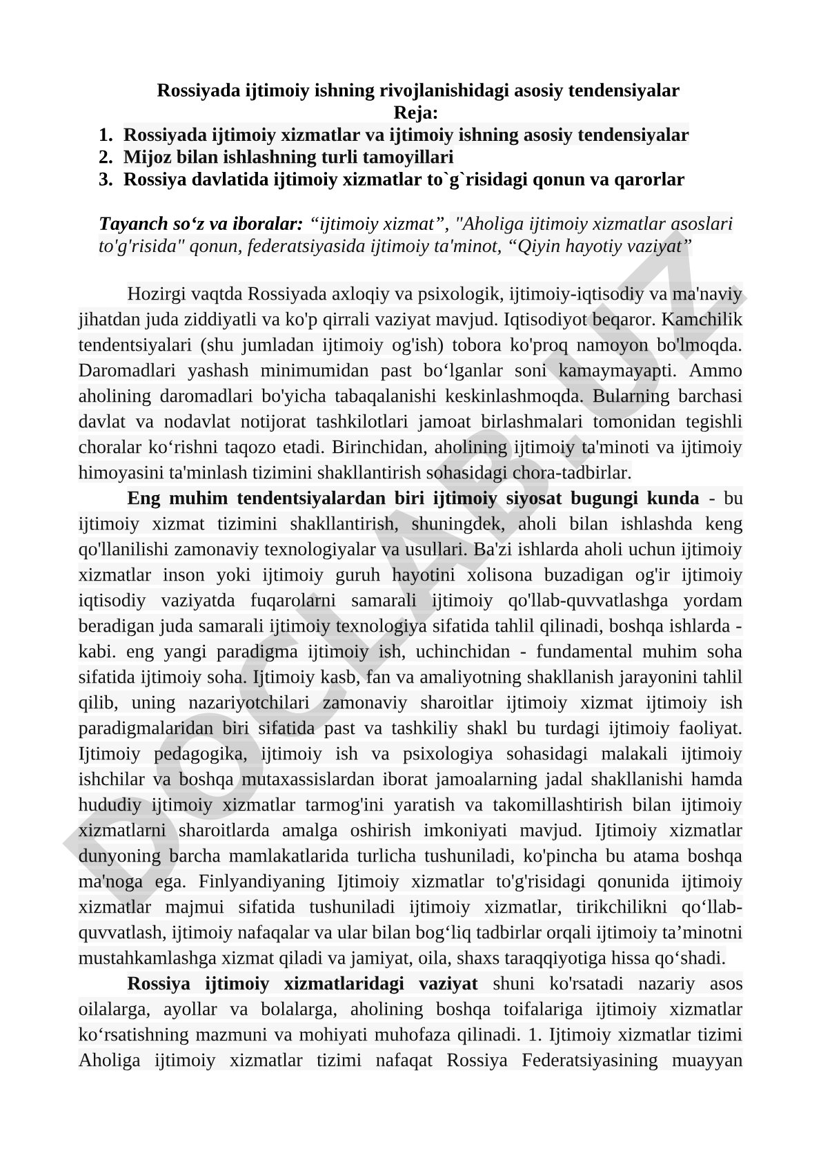 Rossiyada ijtimoiy ishning rivojlanishidagi asosiy tendensiyalar