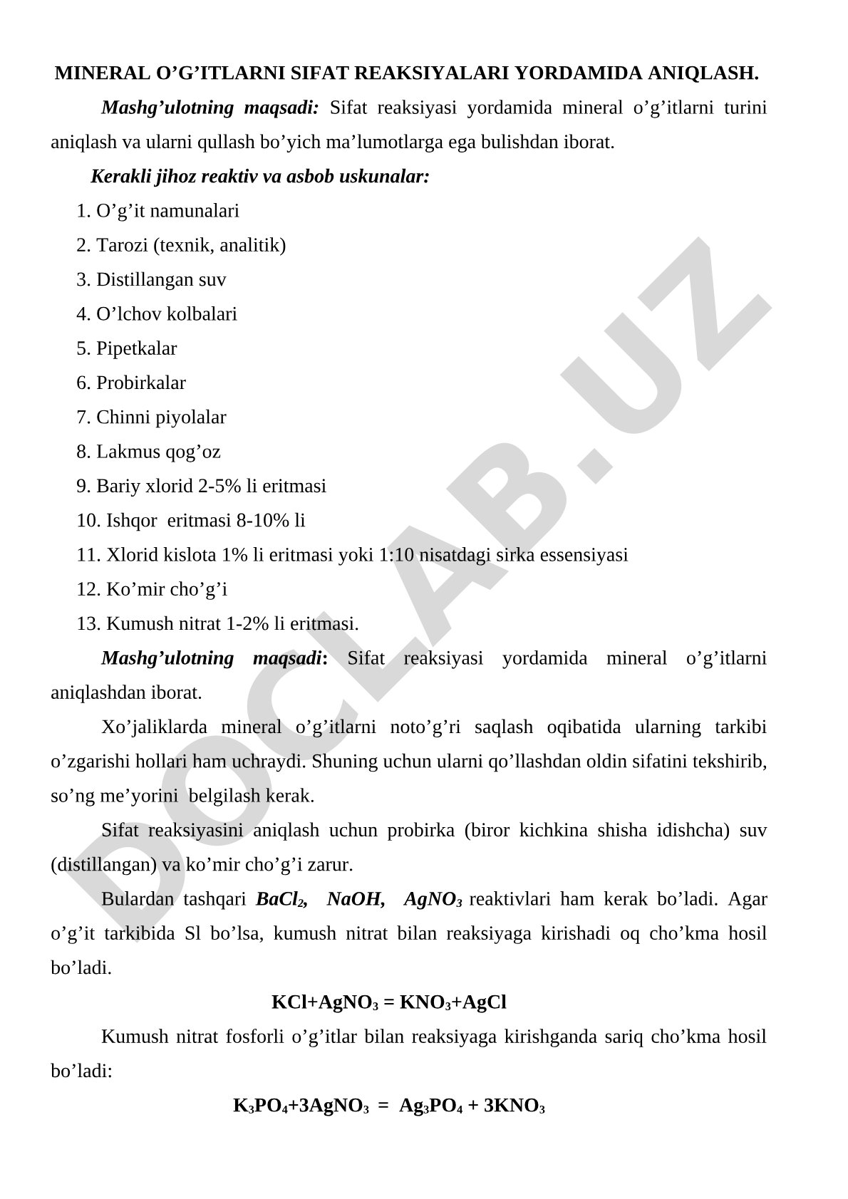 Mineral o'g'itlarni sifat reaksiyalari yordamida aniqlash