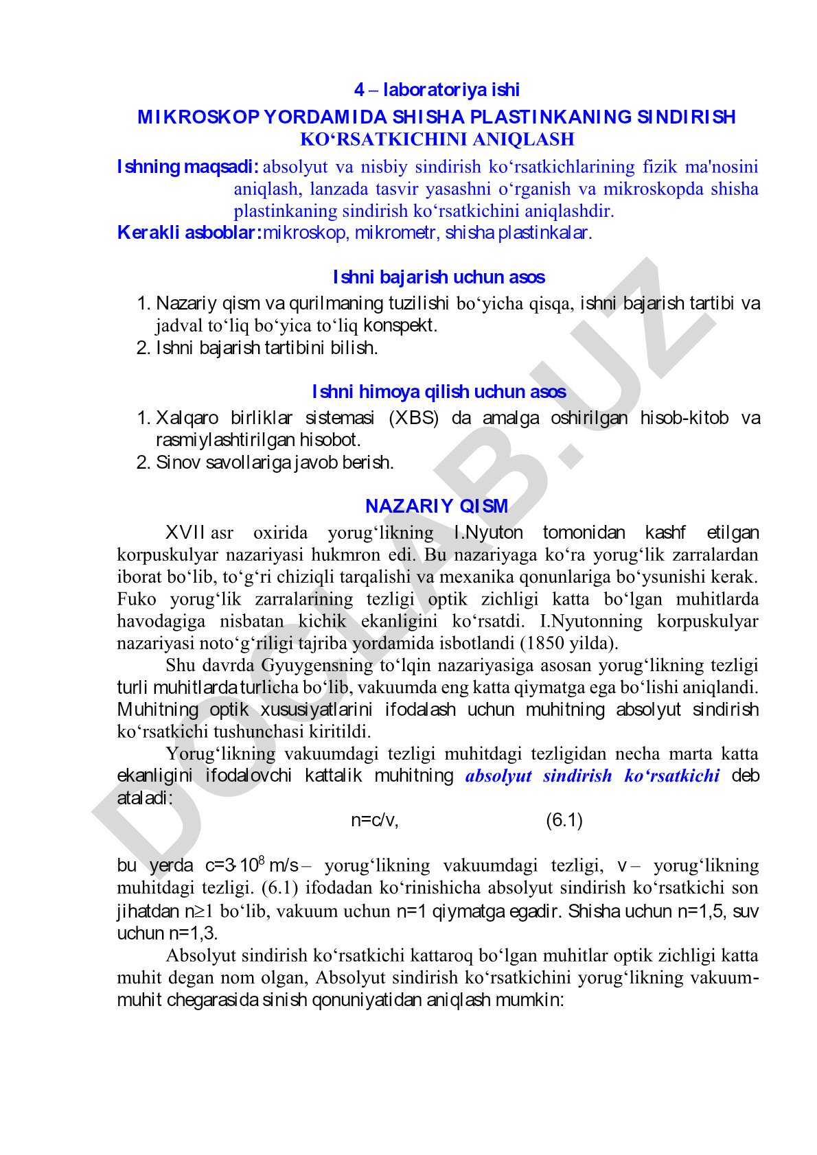 Mikroskop yordamida shisha plastinkaning sindirish ko'rsatkichini aniqlash