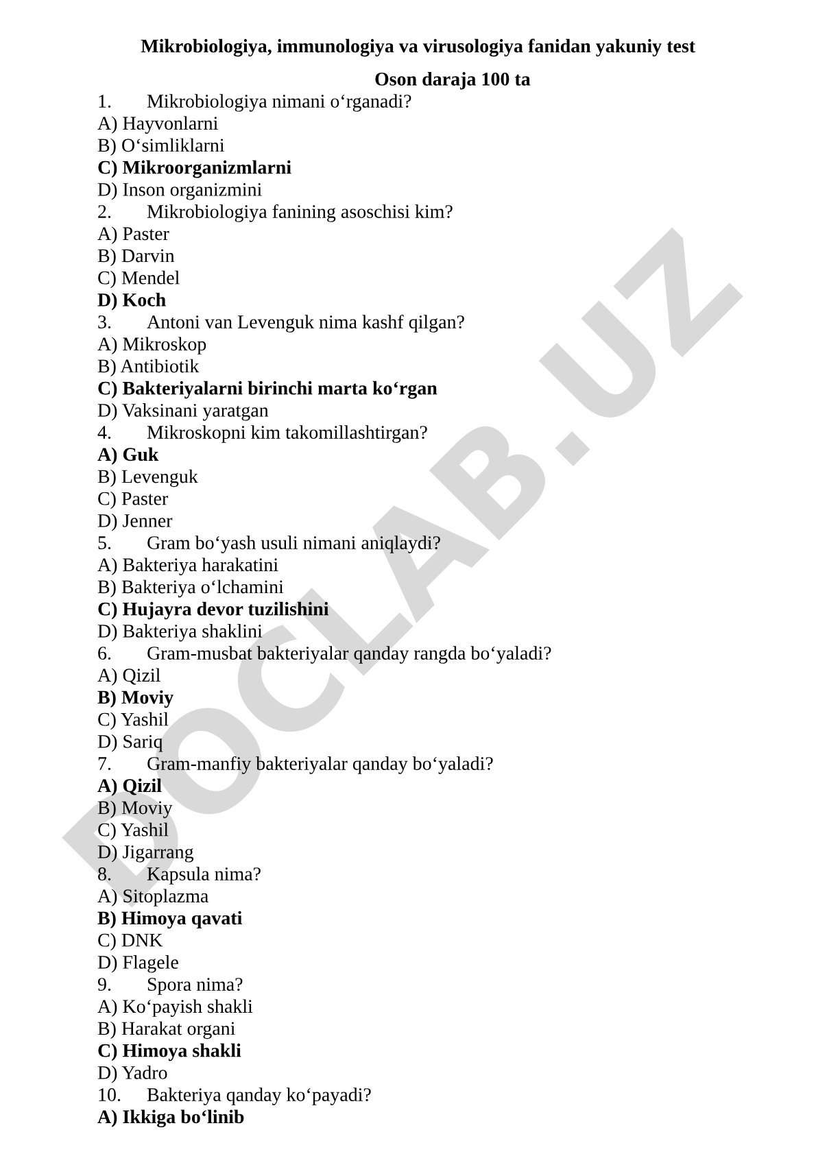 Mikrobiologiya, immunologiya va virusologiya fanidan yakuniy test