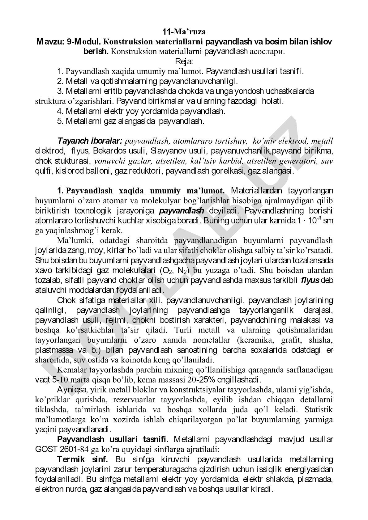 9-Modul. Konstruksion materiallarni payvandlash va bosim bilan ishlov berish