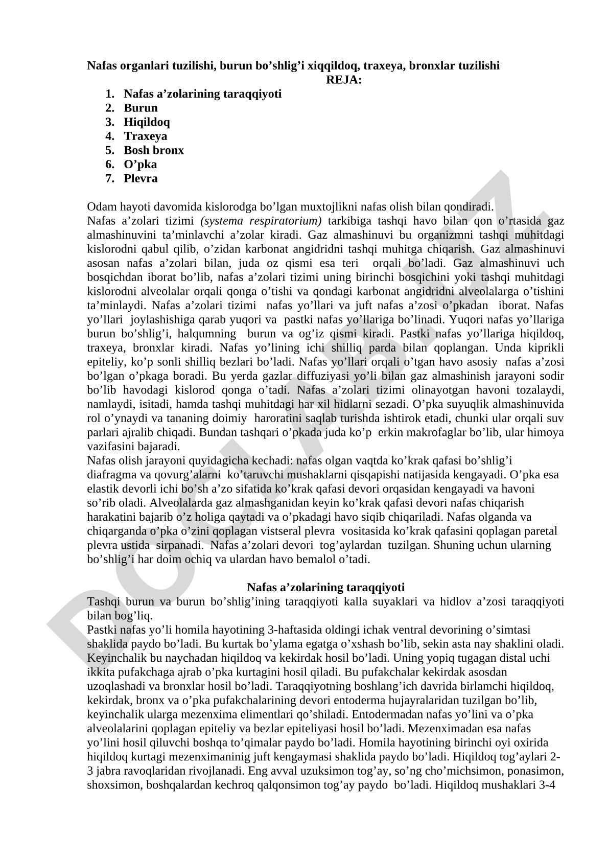 Nafas organlari tuzilishi, burun bo'shlig'i, hiqildoq, traxeya, bronxlar tuzilishi