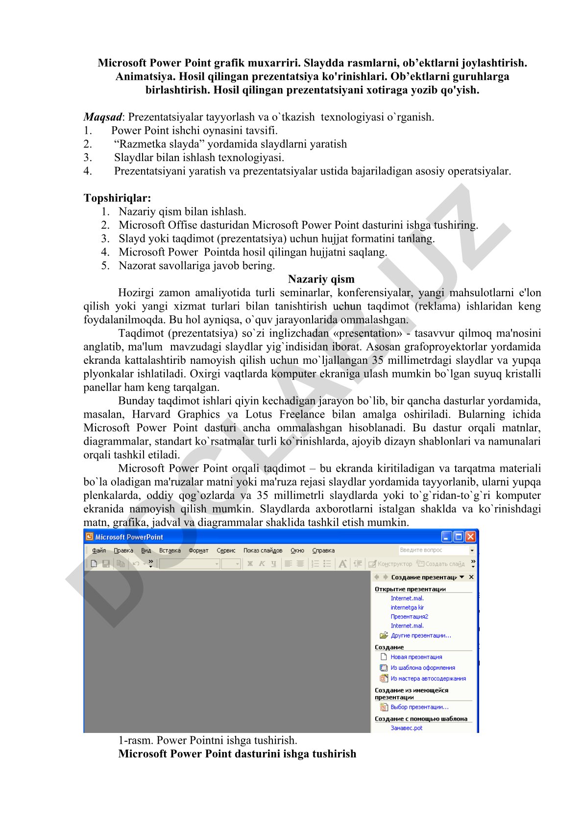 Microsoft Power Point dasturida taqdimotlar yaratish va ishlash texnologiyasi