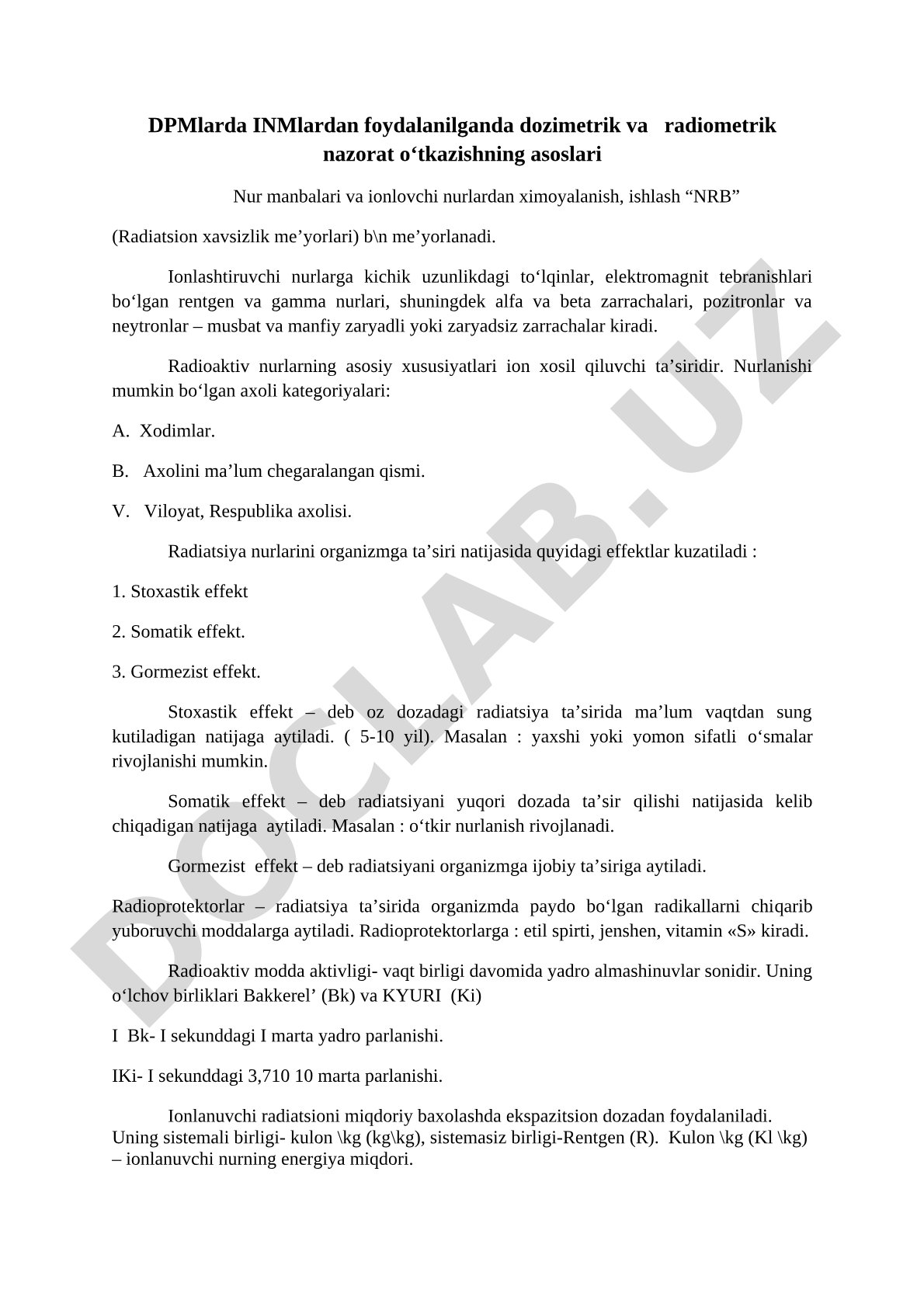 DPMlarda INMlardan foydalanilganda dozimetrik va radiometrik nazorat o'tkazishning asoslari