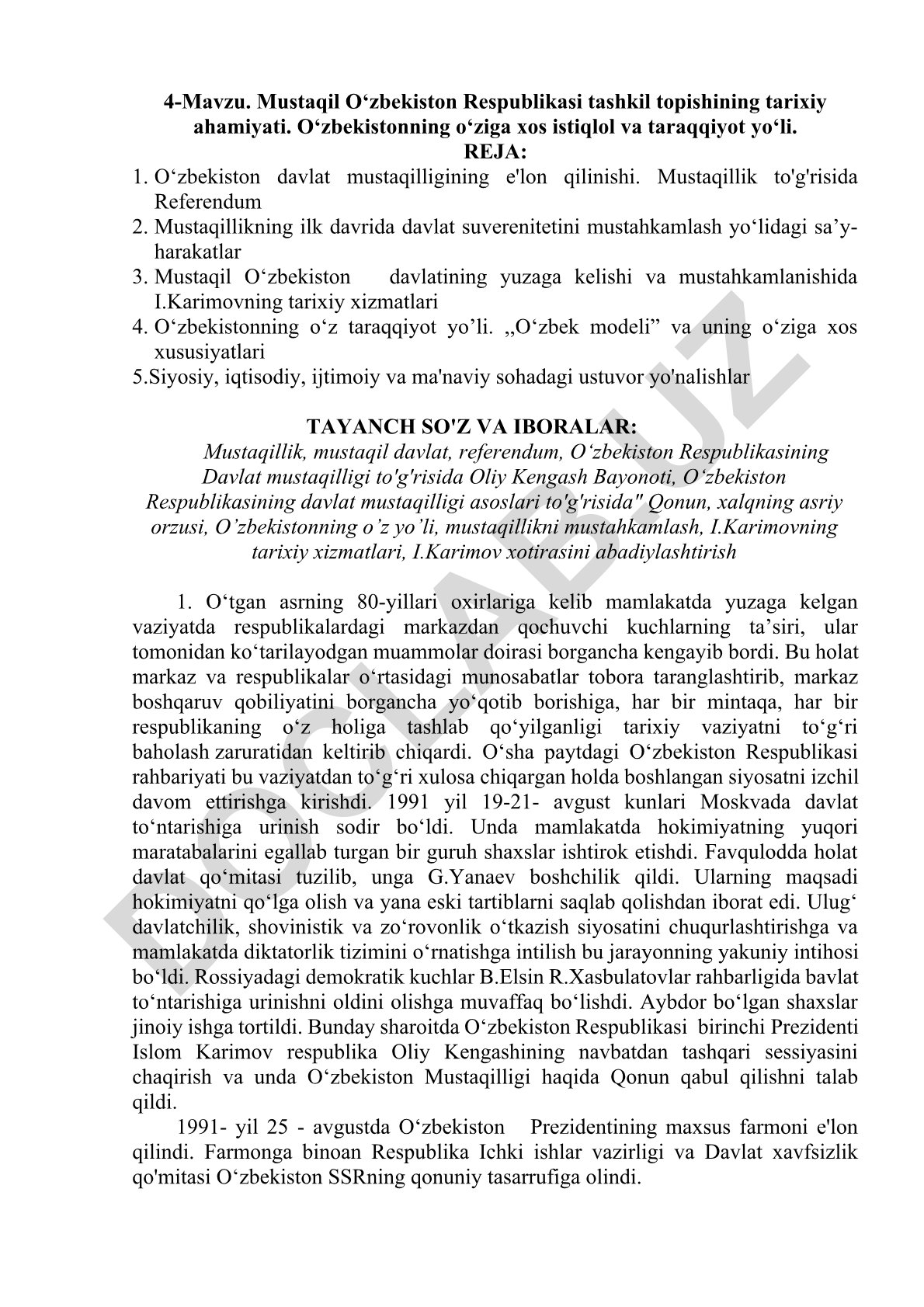 Mustaqil O‘zbekiston Respublikasi tashkil topishining tarixiy ahamiyati va o‘ziga xos taraqqiyot yo‘li