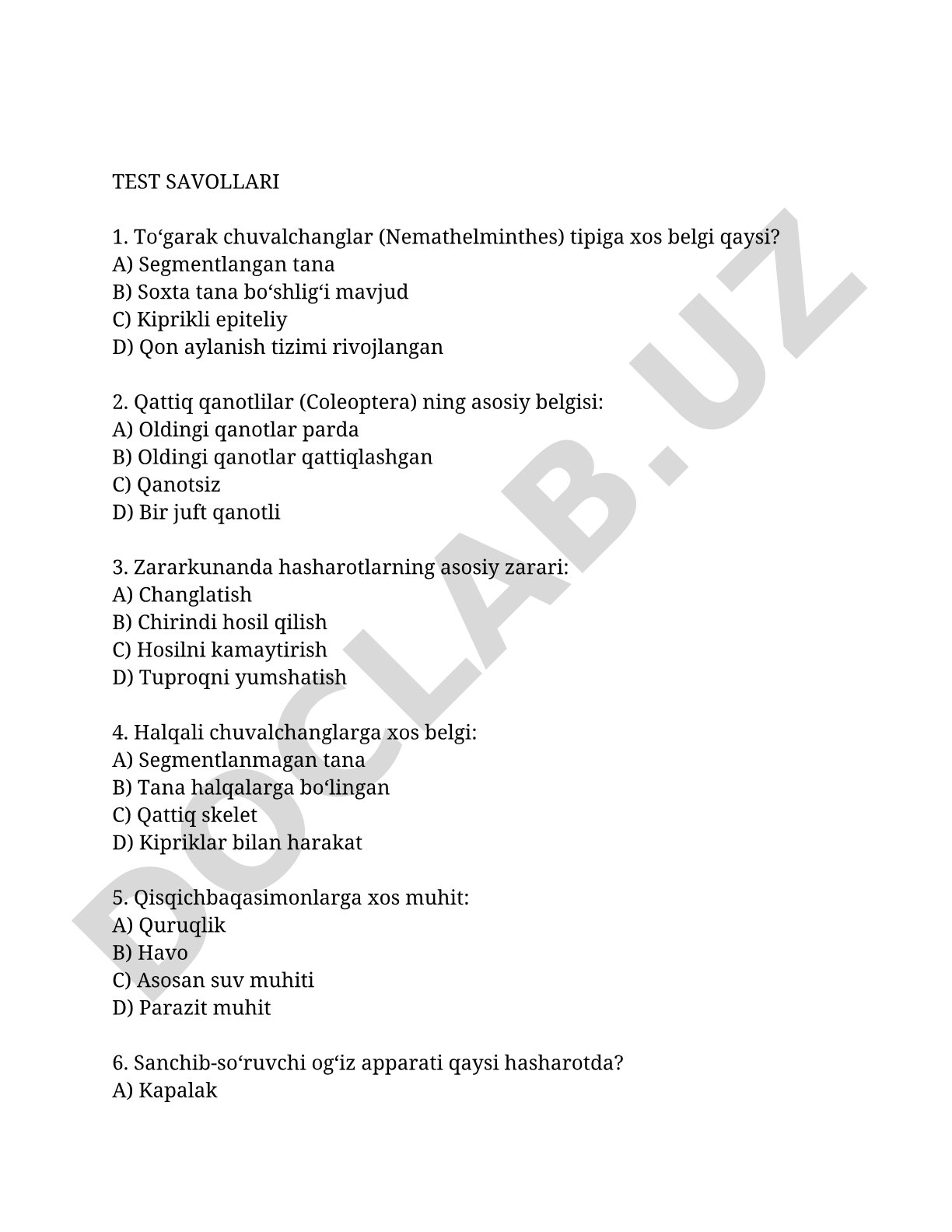 Umurtqasiz hayvonlarga oid test savollari