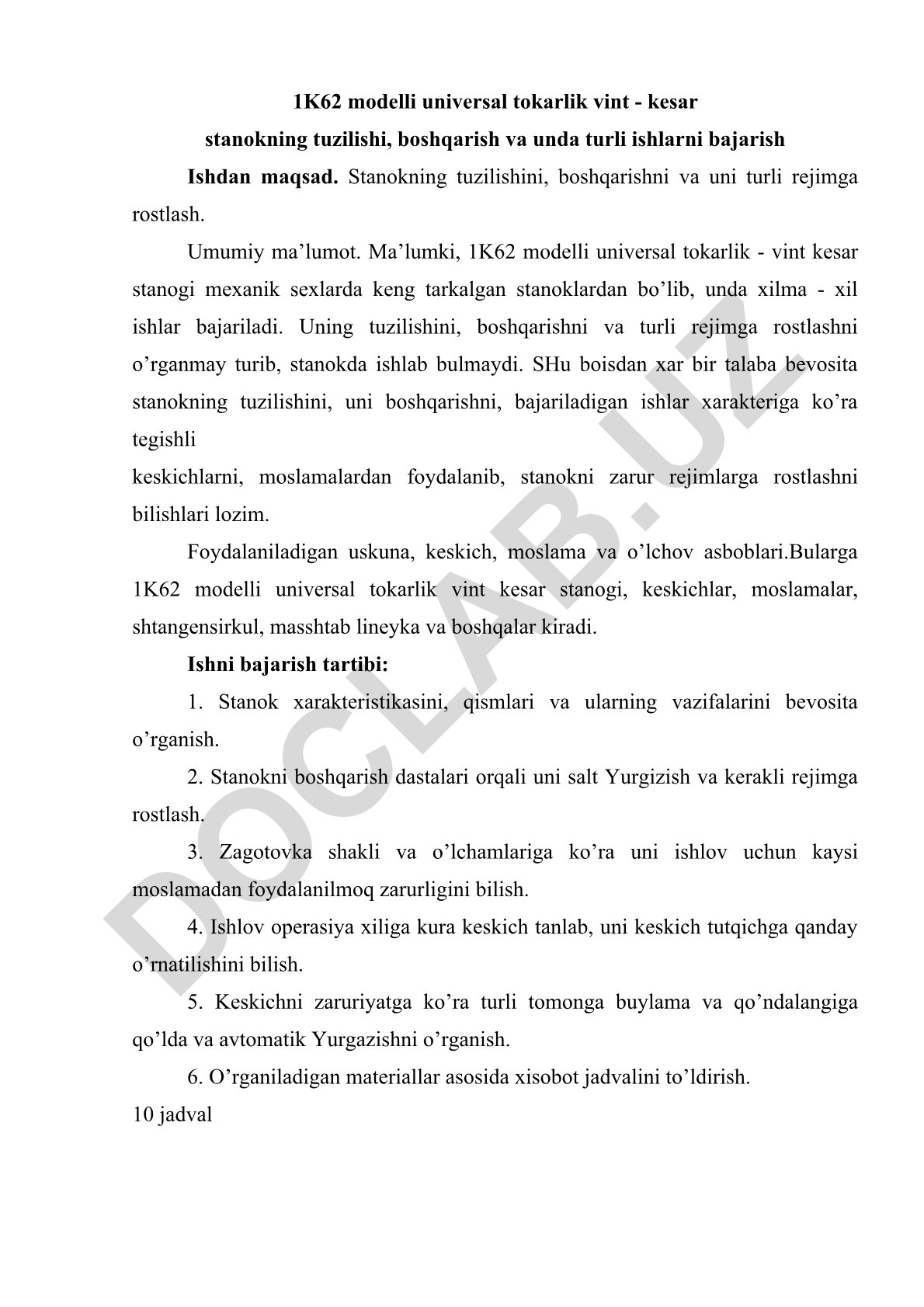 1K62 universal tokarlik vint-kesar stankining tuzilishi va boshqarilishi