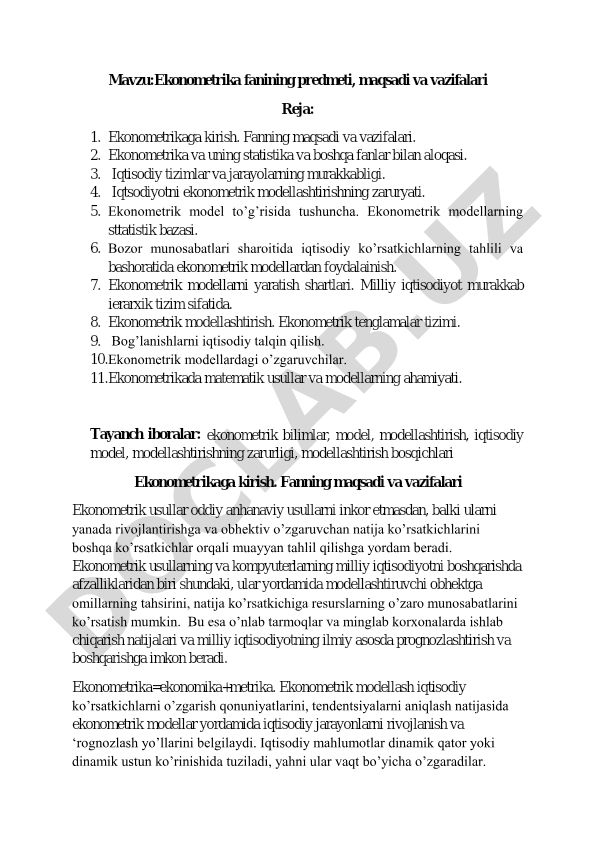 Ekonometrika fanining predmeti, maqsadi va vazifalari