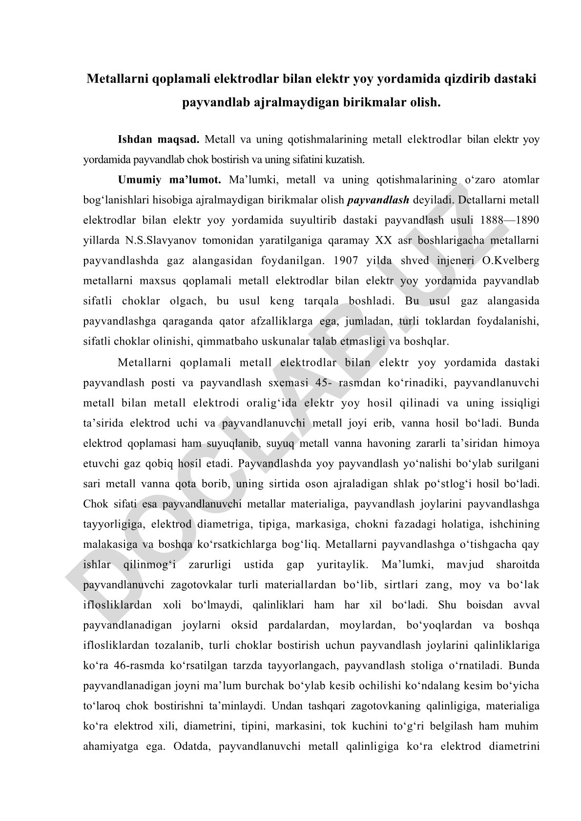 Metallarni qoplamali elektrodlar bilan elektr yoy yordamida payvandlash