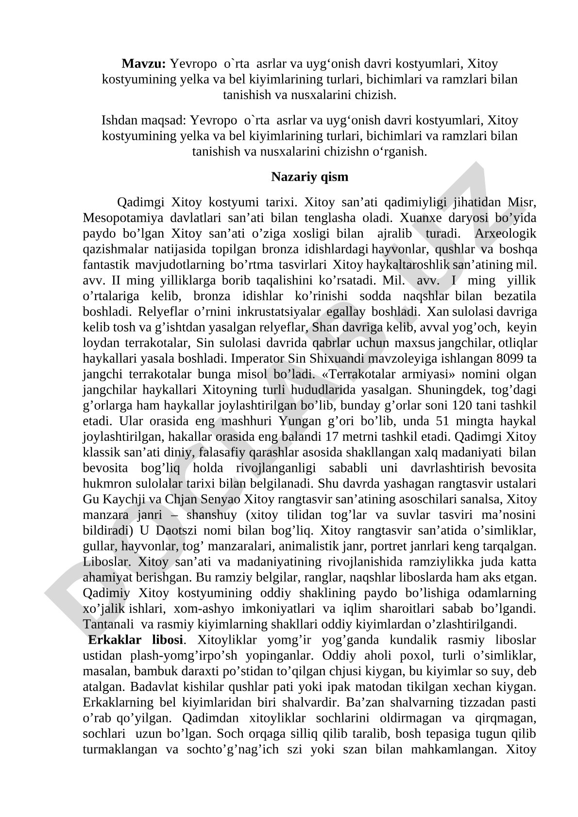 Yevropo o'rta asrlar va uyg'onish davri kostyumlari, Xitoy kostyumining yelka va bel kiyimlarining turlari, bichimlari va ramzlari bilan tanishish va nusxalarini chizish