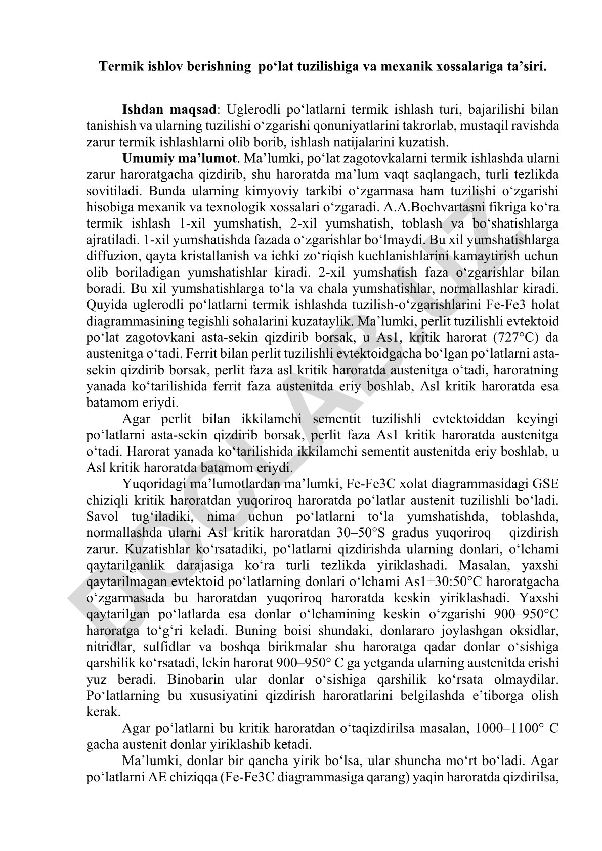 Uglerodli po'latlarni termik ishlash turlari va tuzilish o'zgarishlari