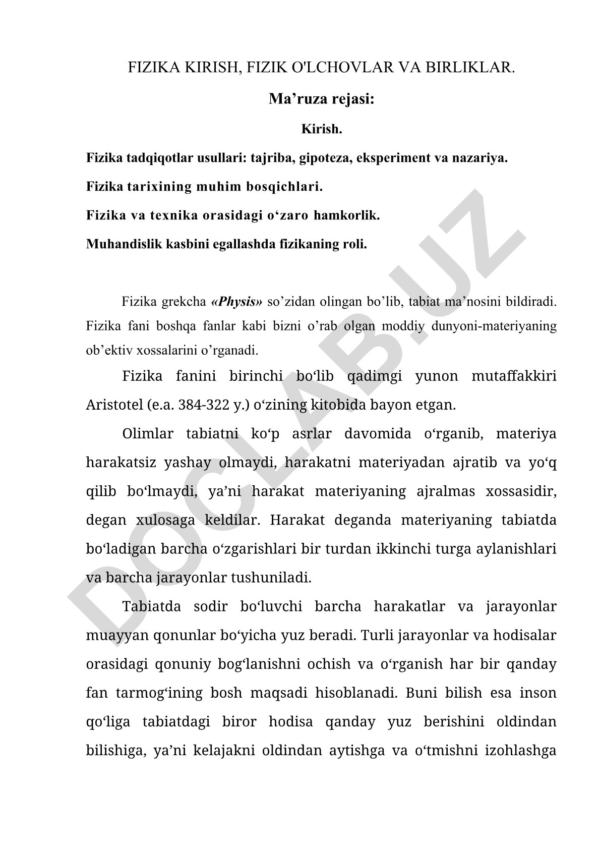Fizika kirishi, fizik o'lchovlar va birliklar