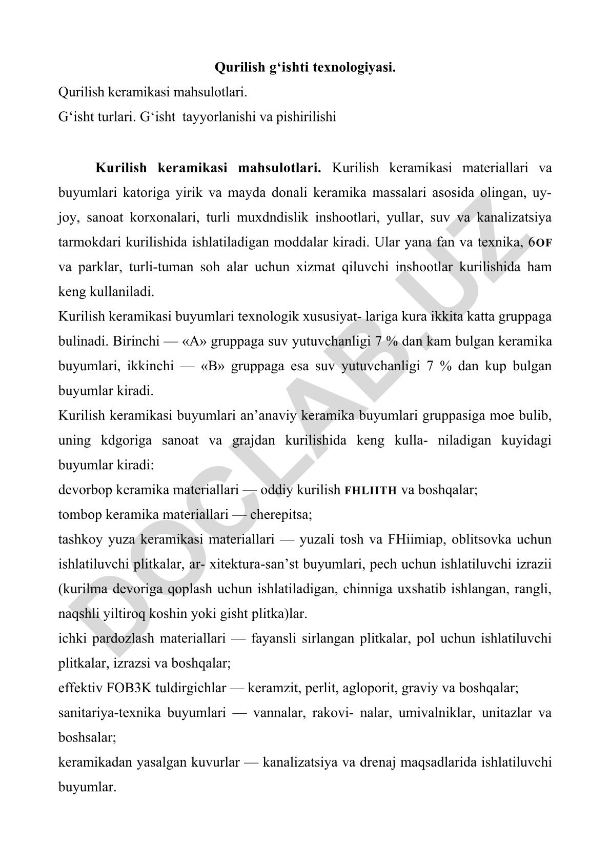 Qurilish g'ishti texnologiyasi va keramika mahsulotlari