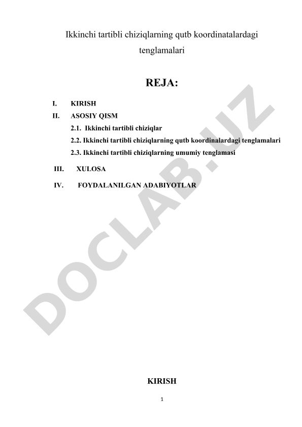 Ikkinchi tartibli chiziqlarning qutb koordinatalardagi tenglamalari
