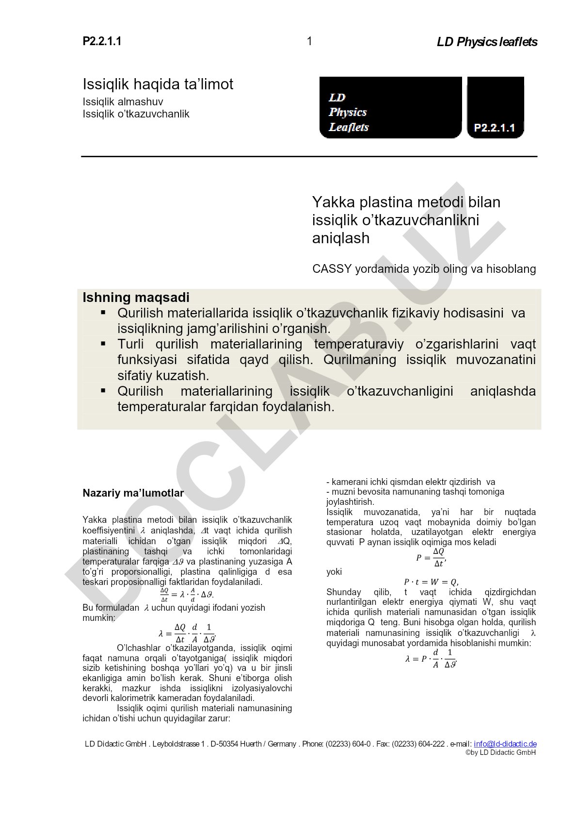 Yakka plastina metodi bilan issiqlik o'tkazuvchanlikni aniqlash