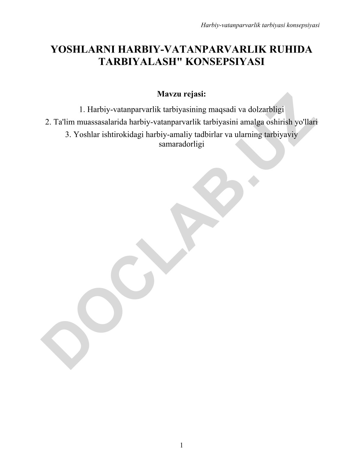 Yoshlarni harbiy-vatanparvarlik ruhida tarbiyalash konsepsiyasi