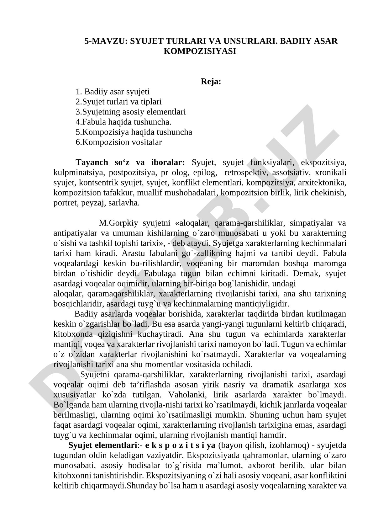 SYUJET TURLARI VA UNSURLARI. BADIIY ASAR KOMPOZISIYASI