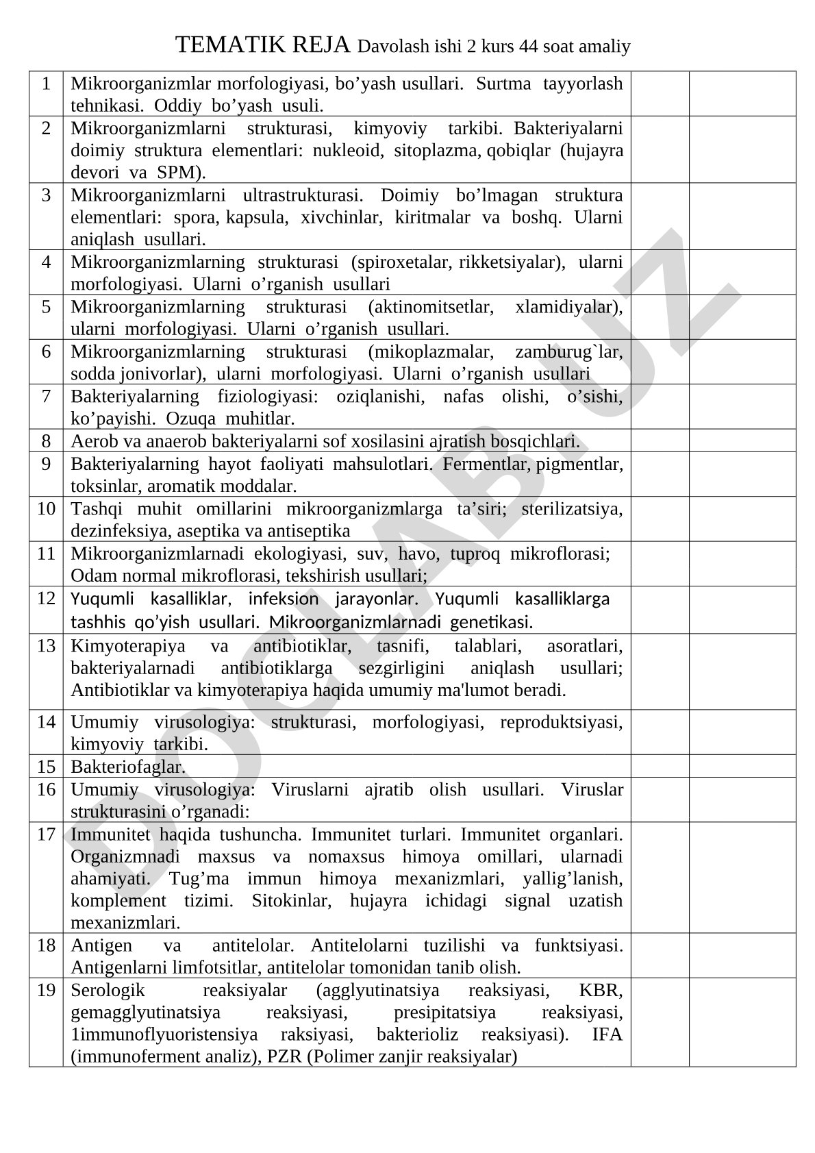 Davolash ishi 2 kurs 44 soat amaliy mikroorganizmlar morfologiyasi va fiziologiyasi