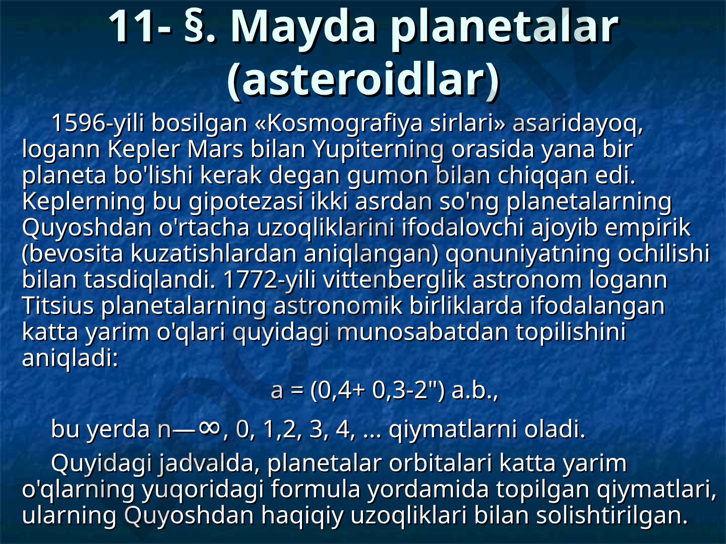 Mayda planetalar (asteroidlar) va Titsius-Bode qonuni
