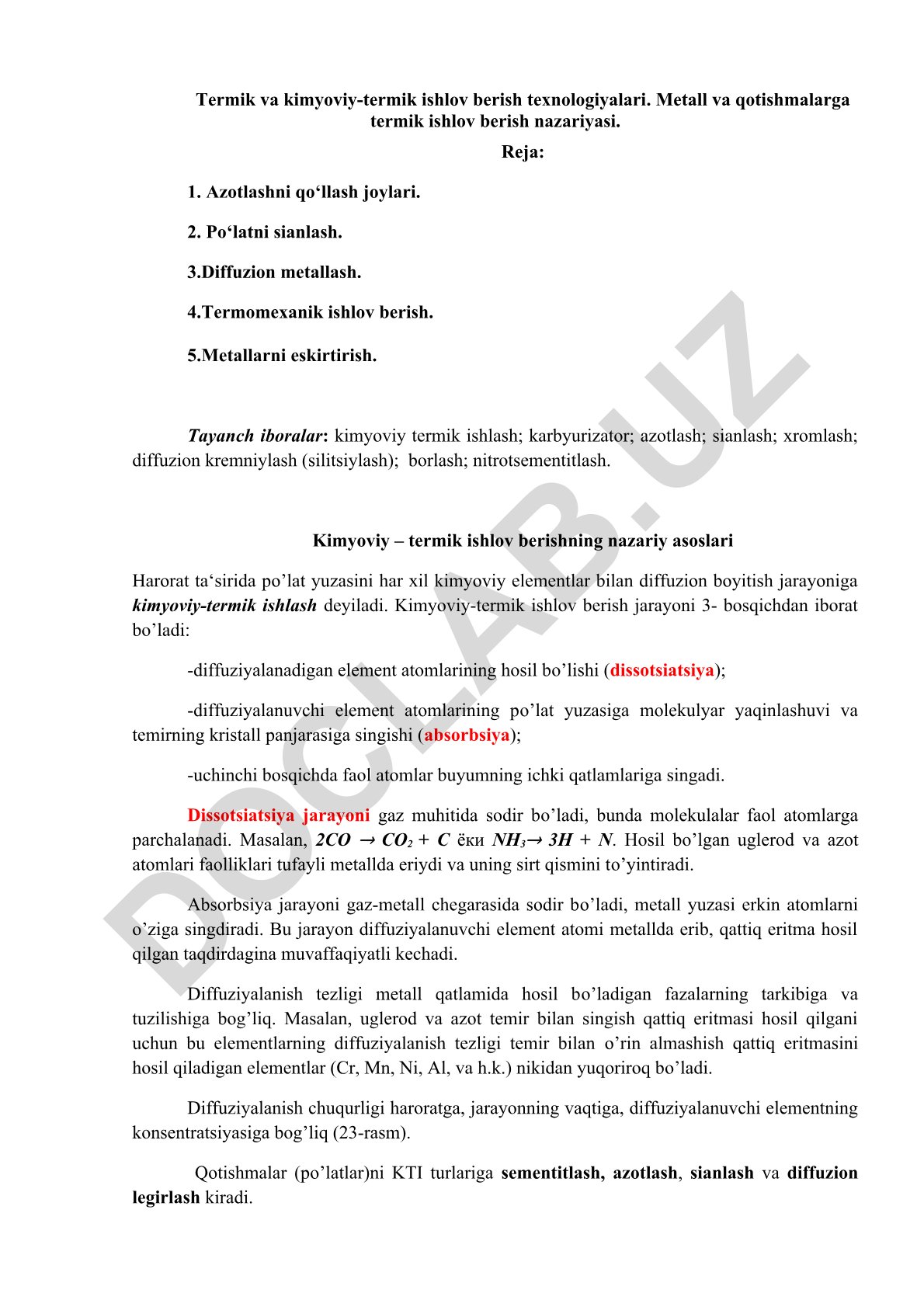 Termik va kimyoviy-termik ishlov berish texnologiyalari
