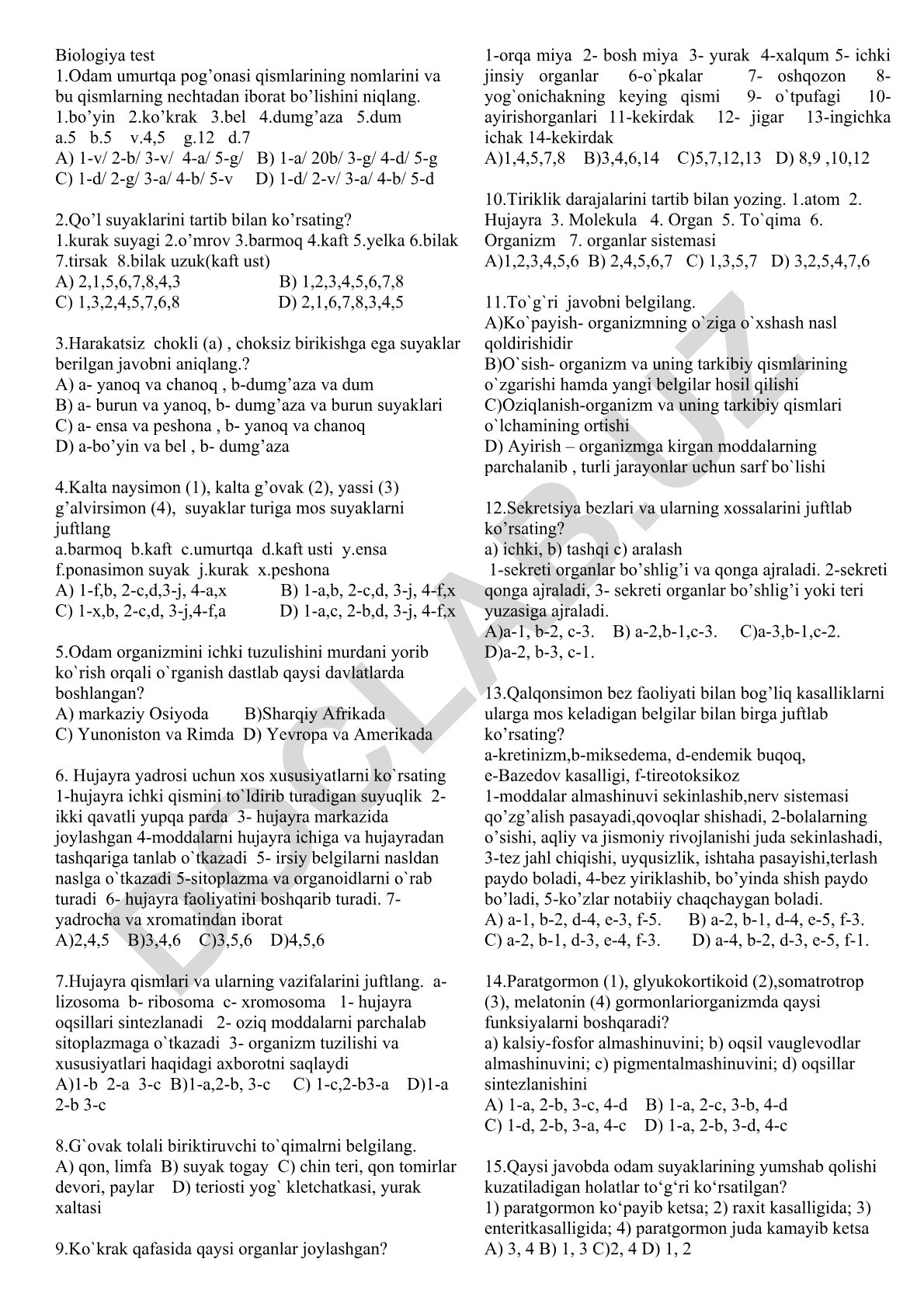 Odam umurtqa pog'onasi va suyaklar tuzilishi testi