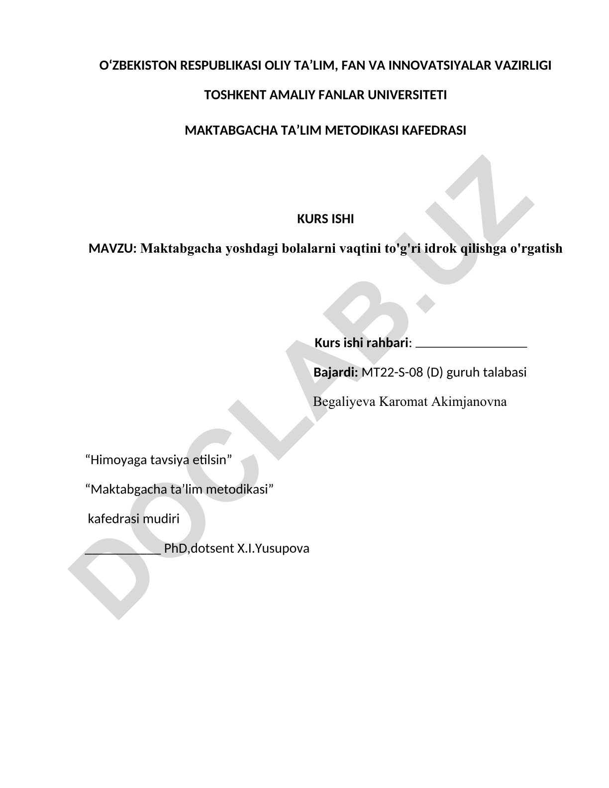 Maktabgacha yoshdagi bolalarni vaqtini to'g'ri idrok qilishga o'rgatish
