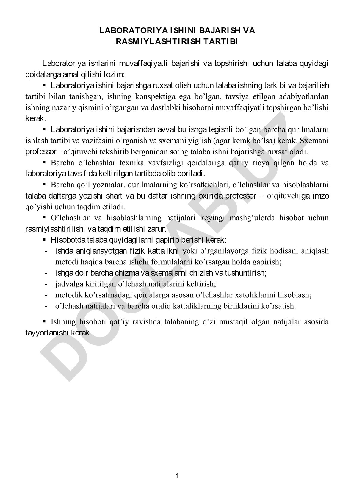 Laboratoriya ishlarini bajarish va rasmiylashtirish tartibi