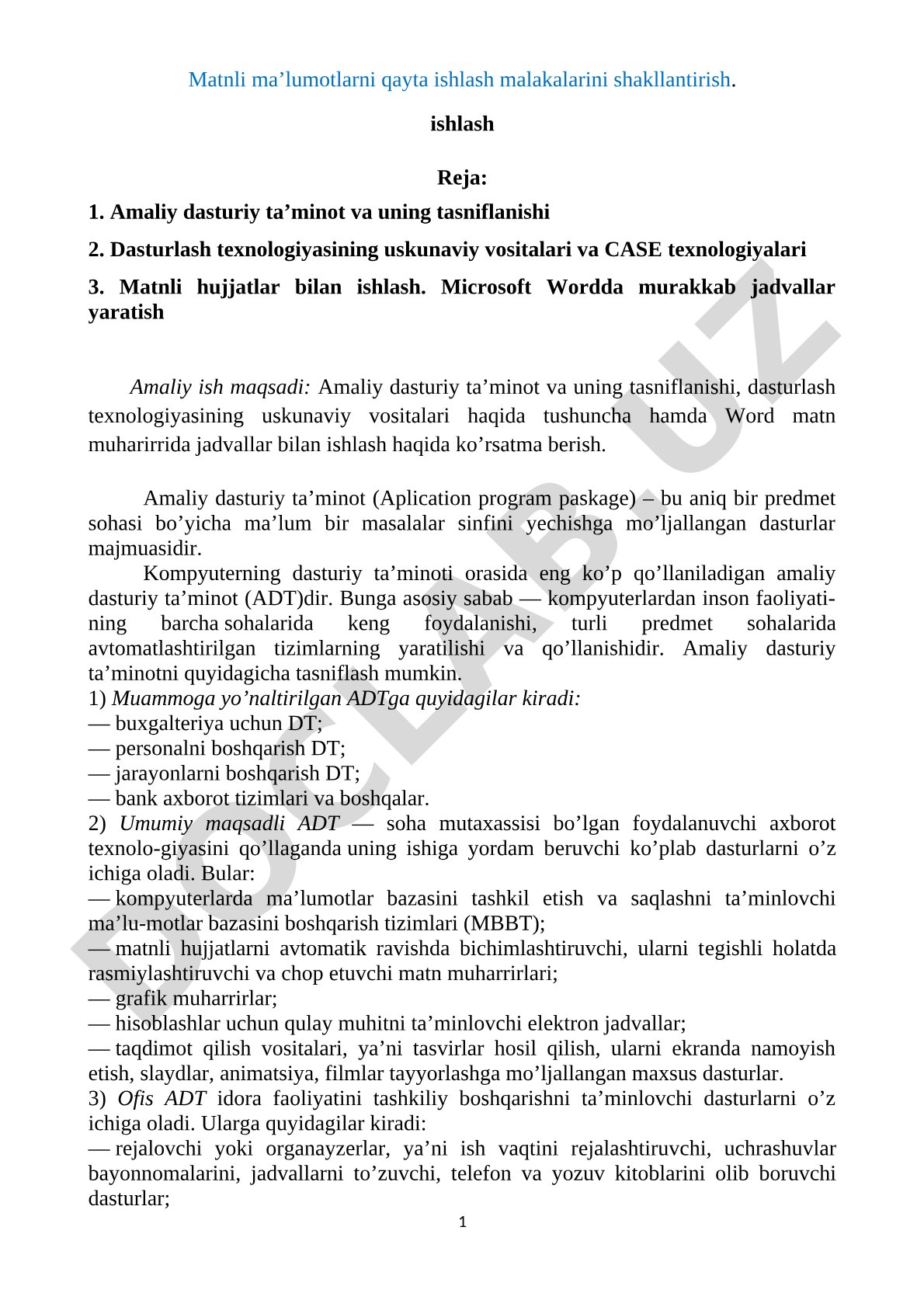 Matnli ma’lumotlarni qayta ishlash malakalarini shakllantirish