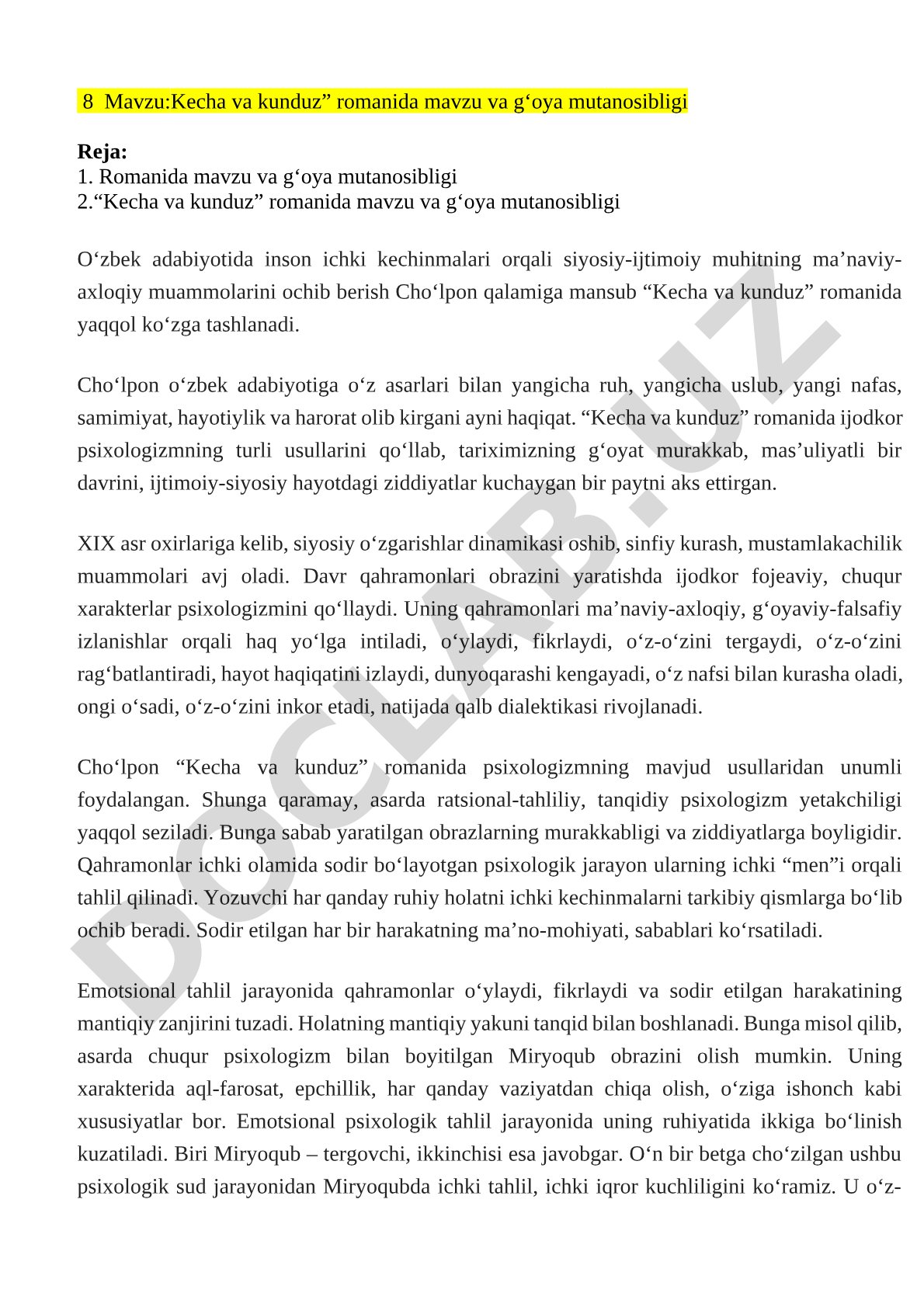 Kеchа vа kunduz” rоmаnidа mаvzu vа g‘оya mutаnоsibligi