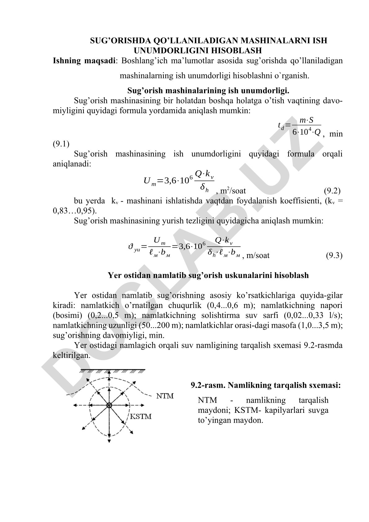 Sug'orishda qo'llaniladigan mashinalarning ish unumdorligini hisoblash