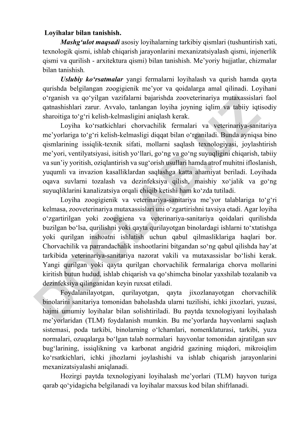 Chorvachilik fermalari loyihalarini o'rganish va zoogigienik me'yorlar